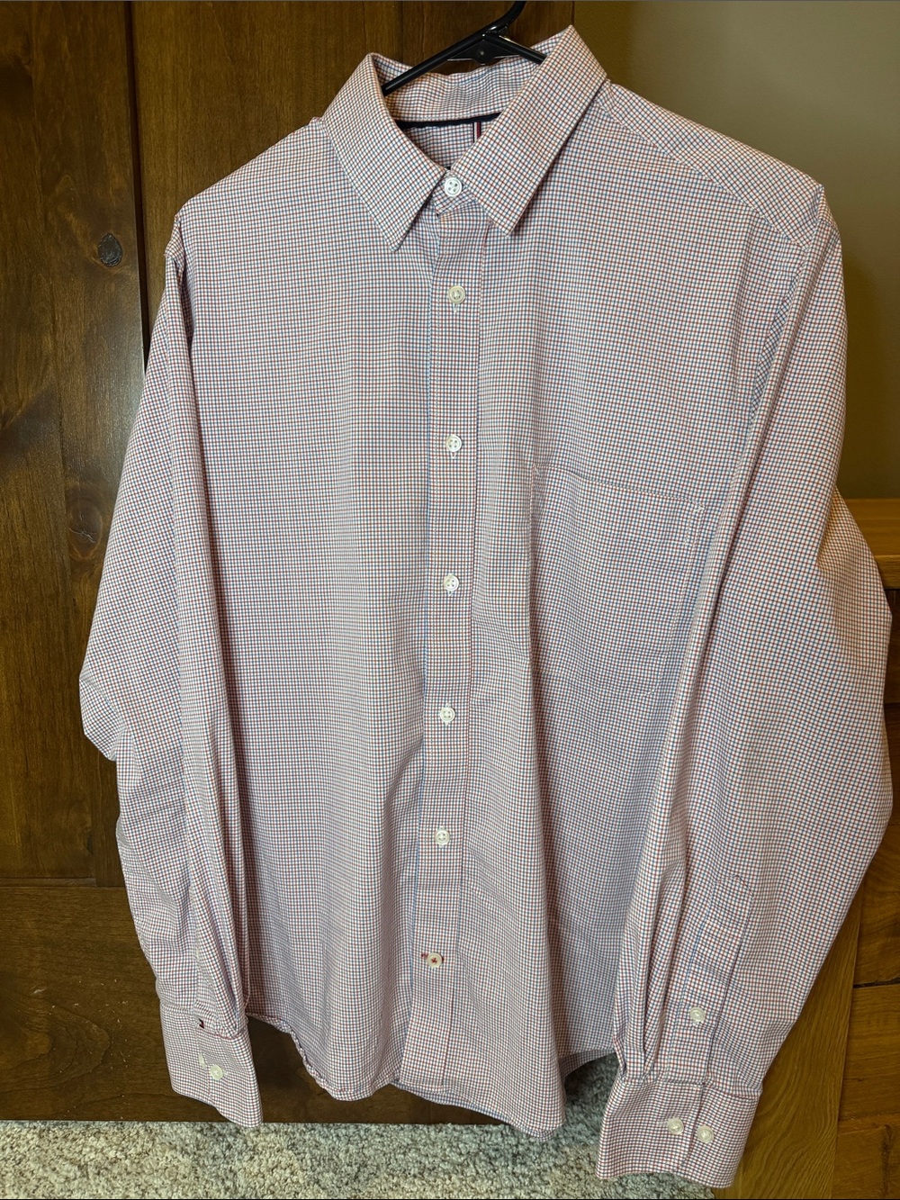 Tommy Hilfiger Classic Red, White and Blue Check Men’s Long-Sleeve Dress Shirt